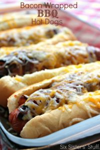 Bacon Wrapped BBQ Hot Dogs by Six Sisters' Stuff