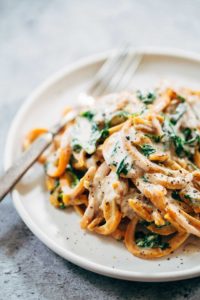 Creamy Spinach Sweet Potato Noodles with Cashew Sauce by Pinch of Yum
