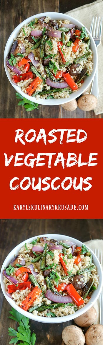 Roasted Vegetable Couscous is an easy and delicious side dish. The couscous is ready in minutes, and when combined with roasted vegetables, every bite explodes with flavor #roastedvegetablecouscous #couscous #roastedvegetables #vegetables #vegetarian #sidedish #karylskulinarykrusade Roasted Vegetable Couscous is an easy and delicious side dish. The couscous is ready in minutes, and when combined with roasted vegetables, every bite explodes with flavor #roastedvegetablecouscous #couscous #roastedvegetables #vegetables #vegetarian #sidedish #karylskulinarykrusade