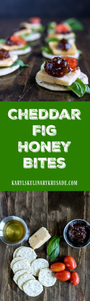 Cheddar Fig Honey Bites are a delicious, gluten free snack. Use a bold cheddar for bite, and the fig spread and honey create a wonderful contrast. in flavor. The crunchy crackers provide a perfect contrast in texture and make for a great snack your friends and family will love #cheese #crackers #basil #honey #rawhoney #glutenfree#snack #appetizer #fingerfood #bitesized #karylskulinarykrusade
