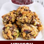 close up shot of finished venison stuffing balls on a white plate with a bowl of cranberry sauce in a white bowl and a white basket of whole cranberries