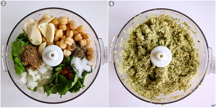 process pictures: all ingredients in food processor on the left; mixture ground fine in the processor on the right