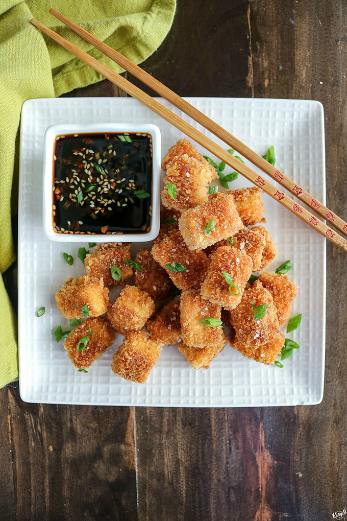 Crispy Pan Fried Tofu - Karyl's Kulinary Krusade overhead shot of Crispy Pan Fried Tofu, on plate, with dipping sauce