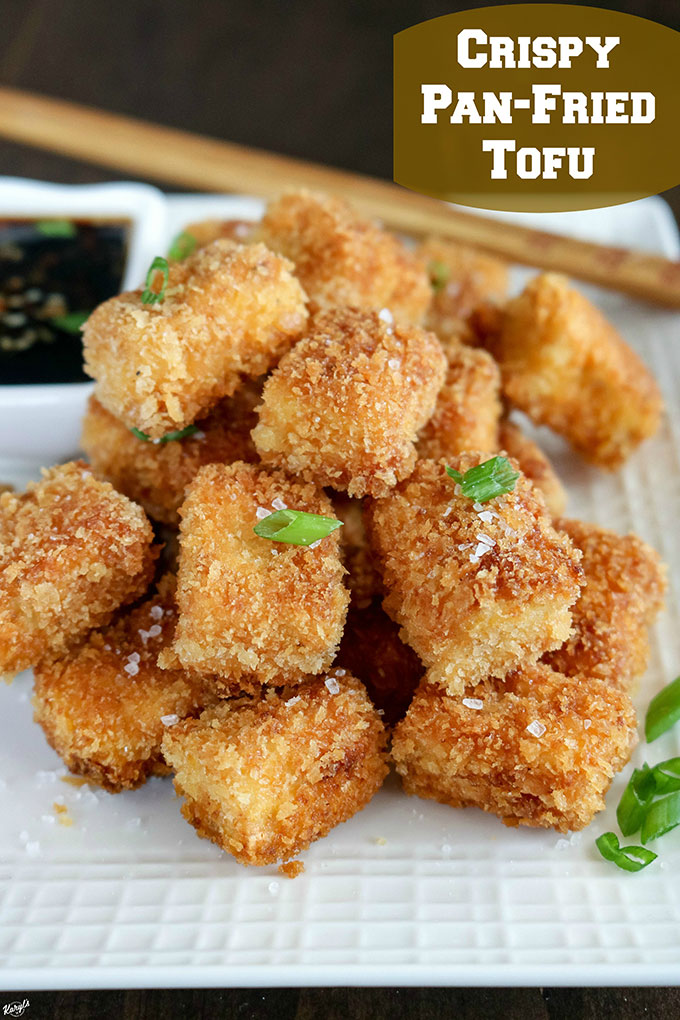 Crispy Pan Fried Tofu - Karyl's Kulinary Krusade Crispy Pan Fried Tofu, finished, on serving plate with dipping sauce