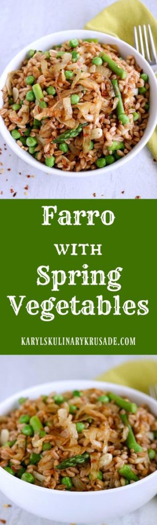 Farro with Spring Vegetables is a hearty and healthy dish that's delicious on its own or paired with any meat protein. Farro's nutrients will help keep you full and satisfied for hours #vegetables #vegetarian #wholegrains #farro #grains #sidedish #healthy #hearty #hearthealthy #springvegetables #farrowithspringvegetables #karylskulinarykrusade Farro with Spring Vegetables - Karyl's Kulinary Krusade