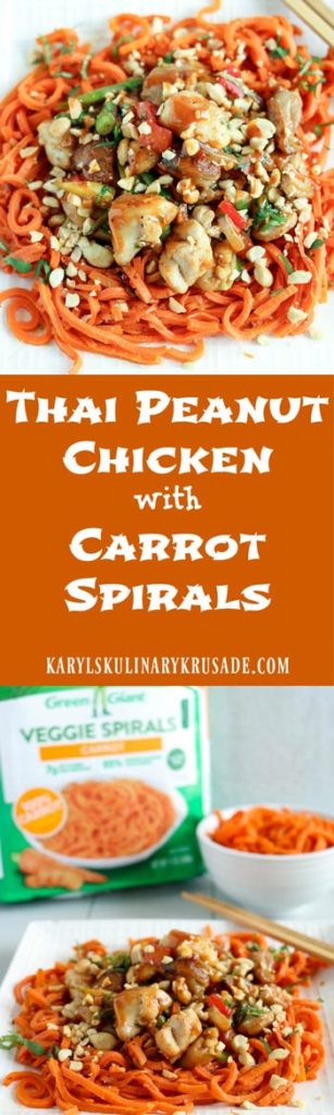 #Ad Green Giant Veggie Spirals make it simple to eat both healthy and delicious! Thai Peanut Chicken with Carrot Spirals is full of nutrition and protein to keep you satisfied for hours #VeggieSwapIns #IC #greengiant #eatyourveggies #veggiespirals #chicken #recipe #karylskulinarykrusade Thai Peanut Chicken with Carrot Spirals - Karyl's Kulinary Krusade