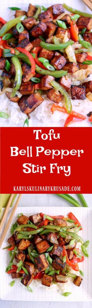 Tofu Bell Pepper Stir Fry will wake up your taste buds with a delicious marinade, gorgeous char on the tofu and a combination of bell peppers and onions. Perfect on its own for a gluten free meal, or serve over rice #tofu #marinatedtofu #bellpeppers #stirfry #vegetables #vegetarian #glutenfree #meatless #meatlessmonday #karylskulinarykrusade Tofu Bell Pepper Stir Fry will wake up your taste buds with a delicious marinade, gorgeous char on the tofu and a combination of bell peppers and onions. Perfect on its own for a gluten free meal, or serve over rice #tofu #marinatedtofu #bellpeppers #stirfry #vegetables #vegetarian #glutenfree #meatless #meatlessmonday #karylskulinarykrusade