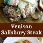 Close up shot of Venison Salisbury Steak in a skillet and in a bowl over mashed potatoes