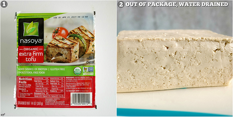 Crispy Pan Fried Tofu - Karyl's Kulinary Krusade 2 pictures - tofu in packaging, tofu out of packaging