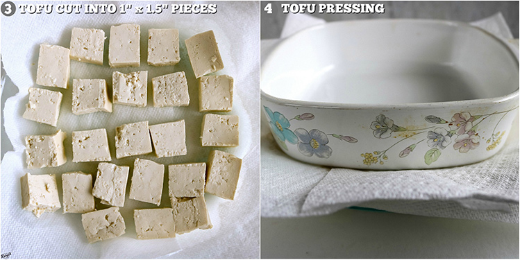 Crispy Pan Fried Tofu - Karyl's Kulinary Krusade 2 pictures, tofu cut into pieces (left), tofu pressing (right)