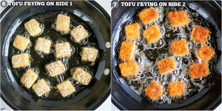 Crispy Pan Fried Tofu - Karyl's Kulinary Krusade overhead shots of tofu frying in skillet