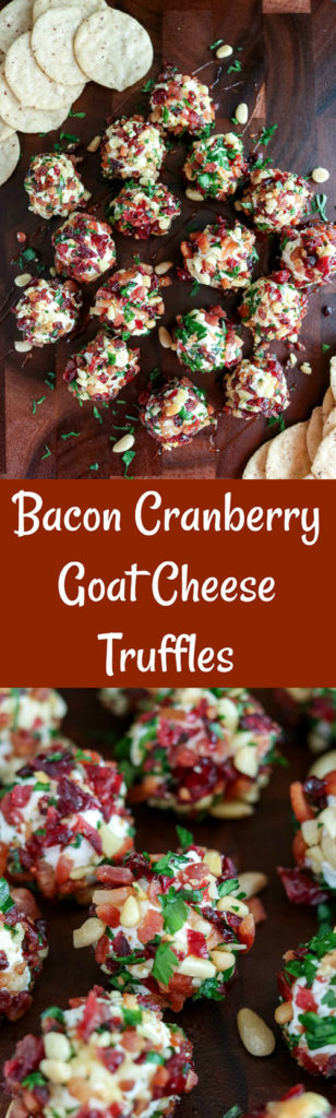 Bacon Cranberry Goat Cheese Truffles are a mouthwatering combination of creamy cheese, topped with salty bacon, sweet cranberries and crunchy pine nuts. These 2-bite appetizers are easy to make ahead, and delicious as a snack or to add to your entertaining spread. Enjoy on their own, or to top a cracker&nbsp;#cheese #goatcheese #creamcheese #bacon #driedcranberries #pinenuts #parsley #appetizer #bitesized #karylskulinarykrusade