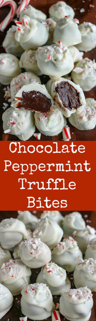 Chocolate Peppermint Truffle Bites will be your new favorite holiday treat. Use high quality chocolate, and finish with crushed candy canes for these rich, smooth and creamy bites of yum! #chocolate #meltedchocolate #dessert #bitesized #truffles #candycanes #karylskulinarykrusade