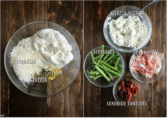 Process pictures: ingredients for ricotta mixture in a bowl on left; bowls with ricotta mixture, asparagus, prosciutto and sundried tomatoes on right