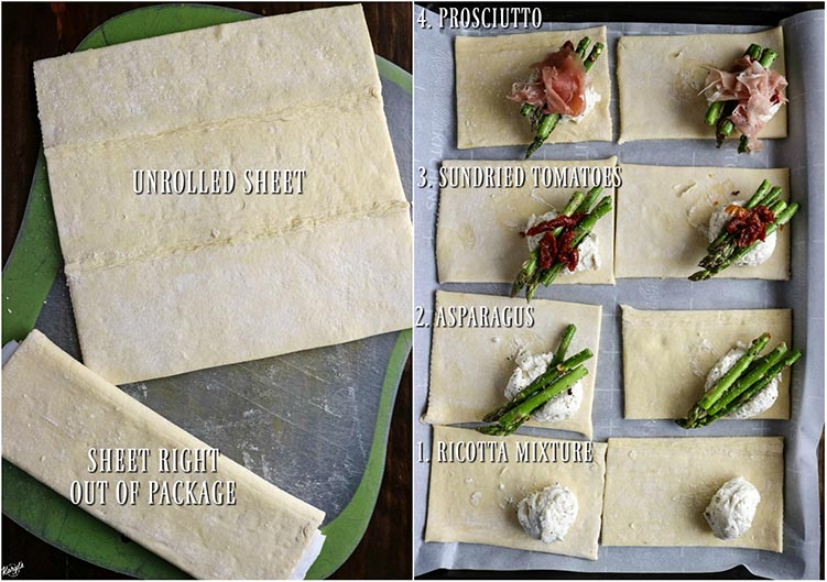 Process pics: 2 puff pastry sheets on left; 8 puff pastry sheet pieces, each piece filled with one layer of filling on right