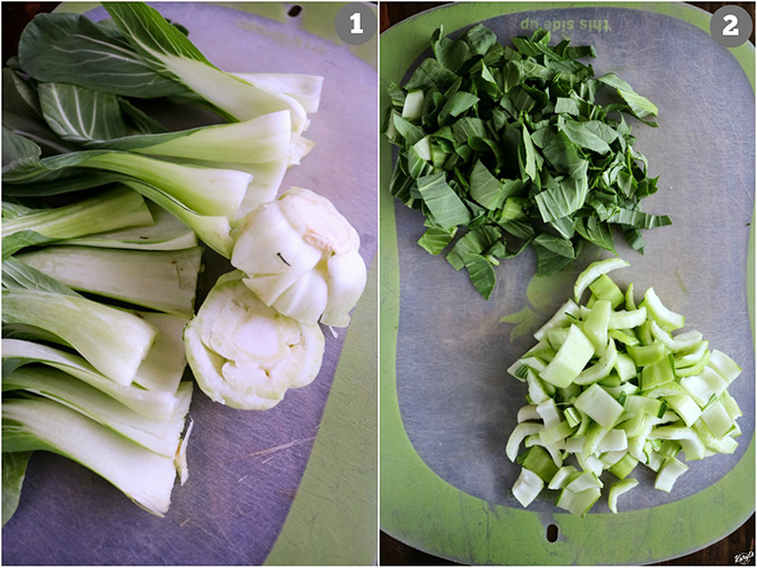 Bok choy core removed in left picture; bok choy cut into piles of stems and leaves in 2nd picture