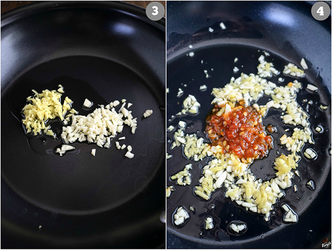 Overhead shots of skillet; ginger & garlic in left picture; hot chili paste added in right picture