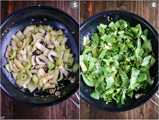 Overhead shots of bok choy in skillet; stems in left picture, leaves and stems in right picture