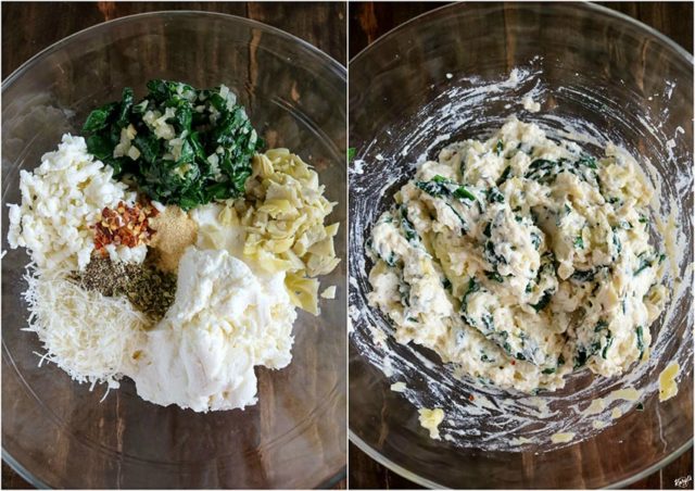 overhead process shots: filling ingredients in a clear bowl on the left; filling ingredients mixed together in a clear bowl on the right