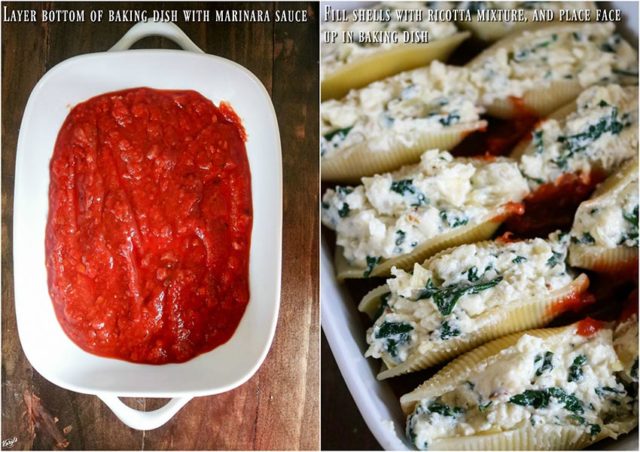overhead process shots: marinara sauce layered in baking dish on the left; stuffed shells placed on top of marinara sauce on the right