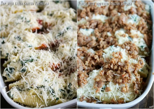 close up process shots: parmesan cheese added to top of shells on the left; sausage added to top of shells on the right
