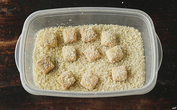 overhead shot of tofu in bread crumbs