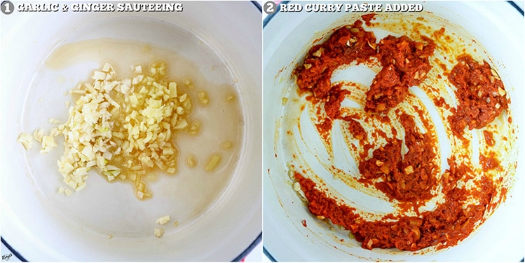 Thai Noodle Soup - Karyl's Kulinary Krusade process pictures: sauteed ginger & garlic on left; red curry paste stirred in on right