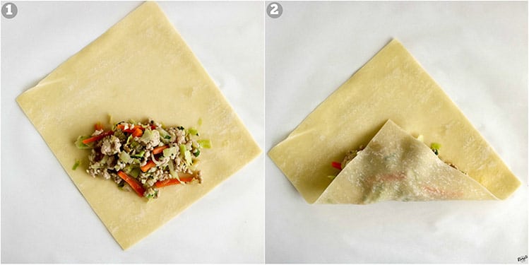 process shots: filling scooped onto open wrapper on left; bottom corner of wrapper folded up on right