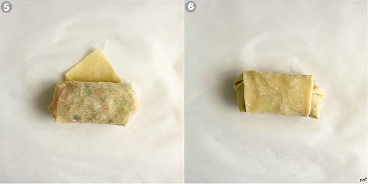 process shots: roll nearly folded, one corner exposed on left; roll completely folded and placed seam down on right