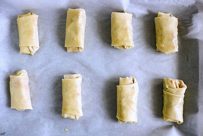 process picture: egg rolls finished, sprayed with cooking spray, ready to bake