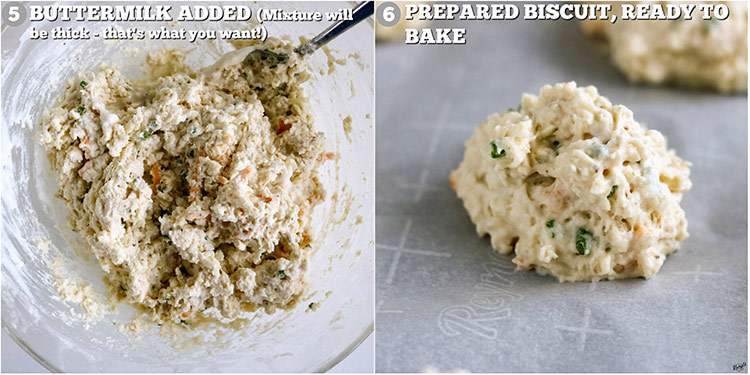 process shots: buttermilk added to ingredients on right; formed biscuits, ready to bake on right