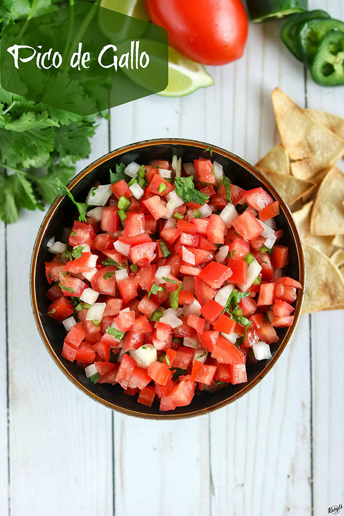 overhead shot of finished Pico de Gallo with side of chips