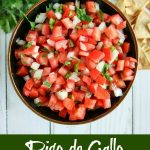 overhead shot of finished Pico de Gallo with side of chips