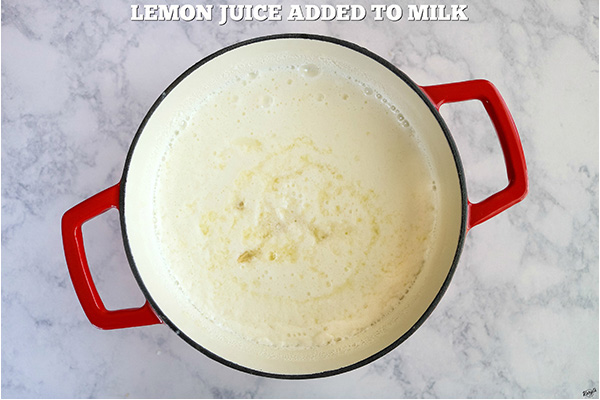 overhead process shot, lemon juice added to milk