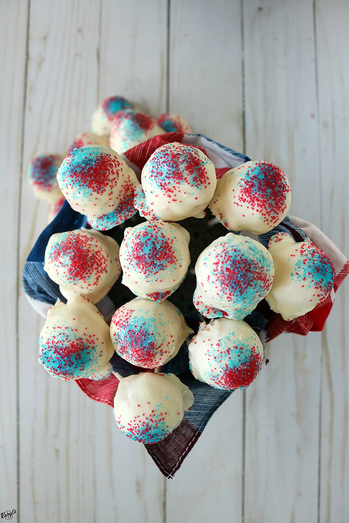 overhead shot of finished cake bites on a white board