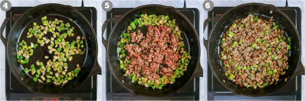 overhead process shots of onions, peppers and venison mixture in skillet