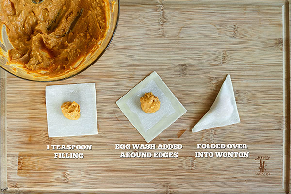 overhead process shot: wontons in stages of prep