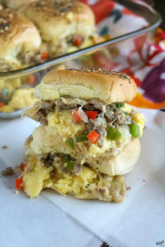 close up shot of 2 loaded breakfast sliders