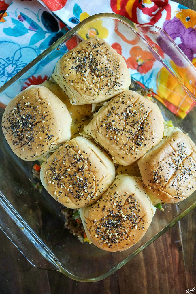 overhead shot of finished loaded breakfast sliders in a baking dish 