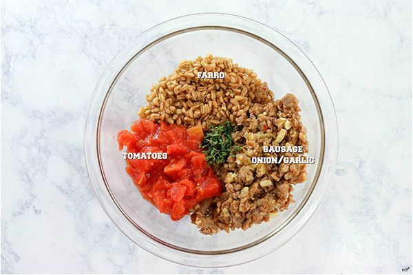 Process shot: stuffing mixture ingredients in a glass bowl