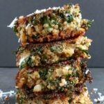 close up shot of a stack of kale & quinoa patties