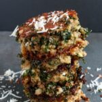 close up shot of a stack of kale & quinoa patties