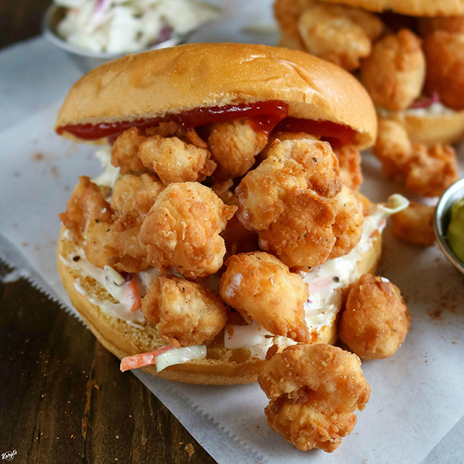 close up shot of finished Shrimpburger